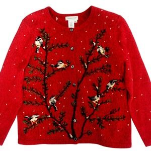 Coldwater Creek Red Bird Chikadee Cardigan Knit Sweater XL Festive Embroidered